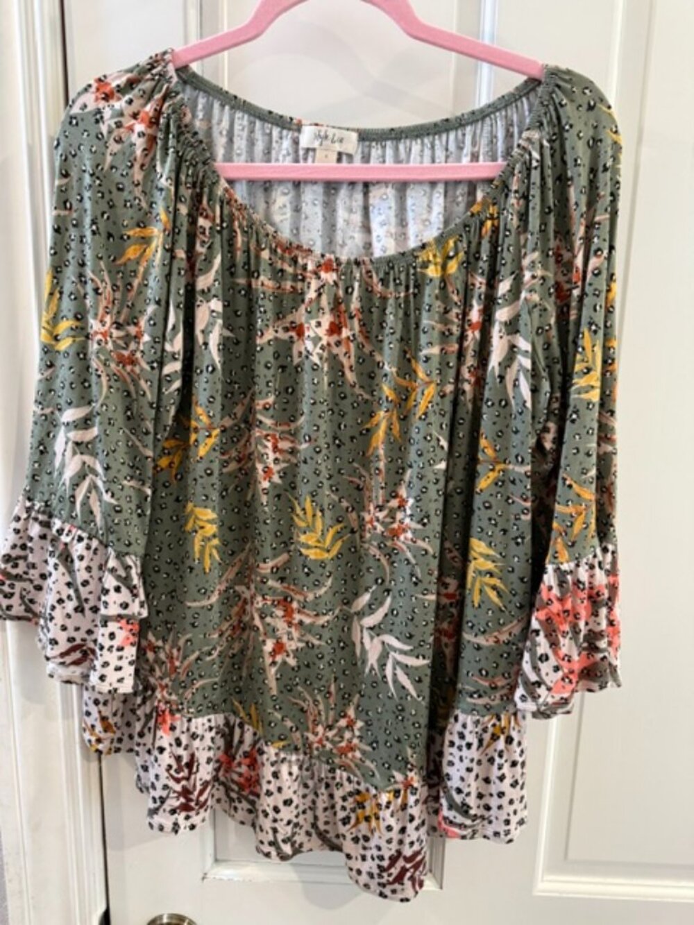 Style & Co L Boho Peasant Blouse Green Floral 3/4 Sleeve Top